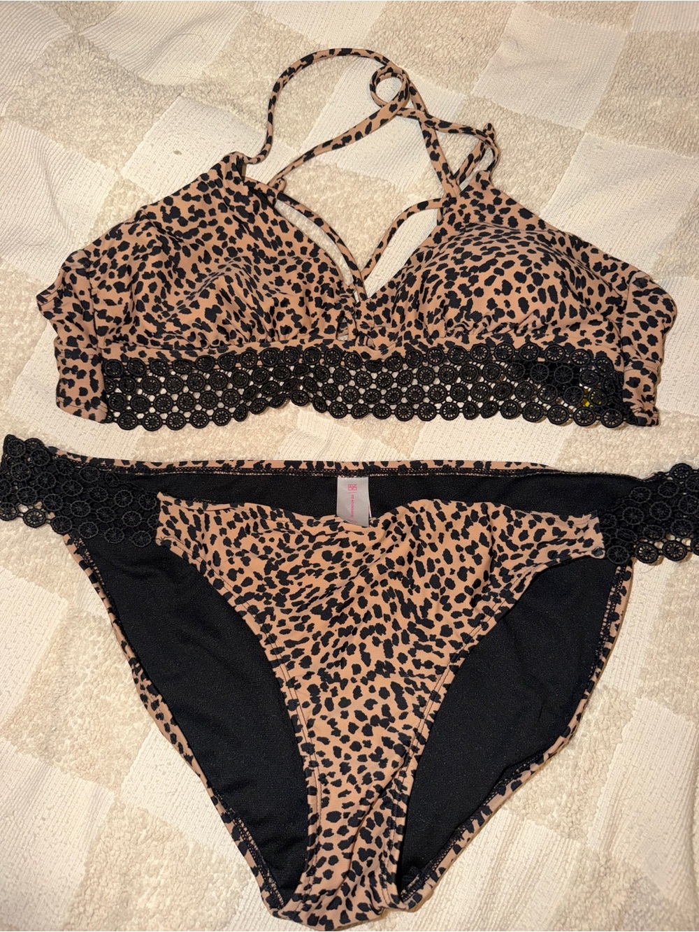 Leopard Print Bikini Set with Black Crochet Trim - Tan & Black